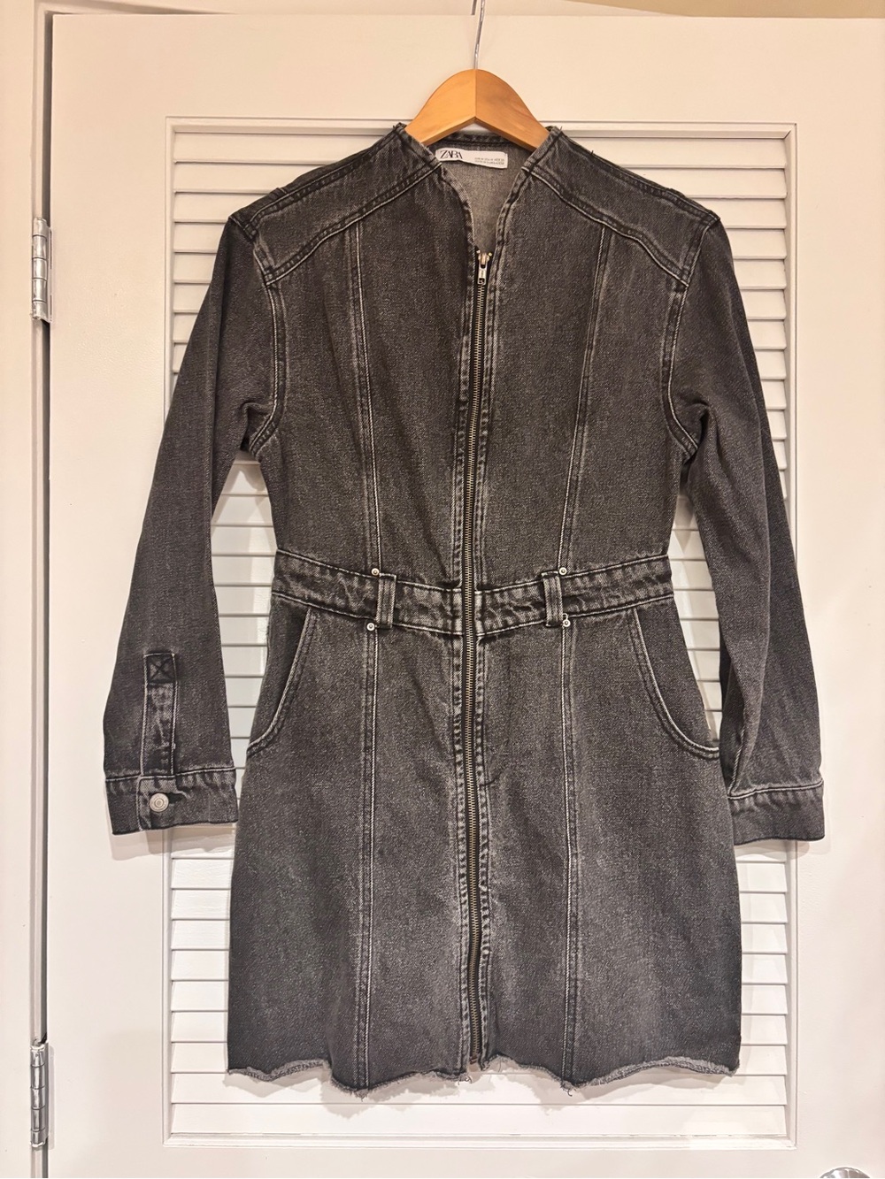 Zara Gray Washed Denim Zip-Front Long Sleeve Dress